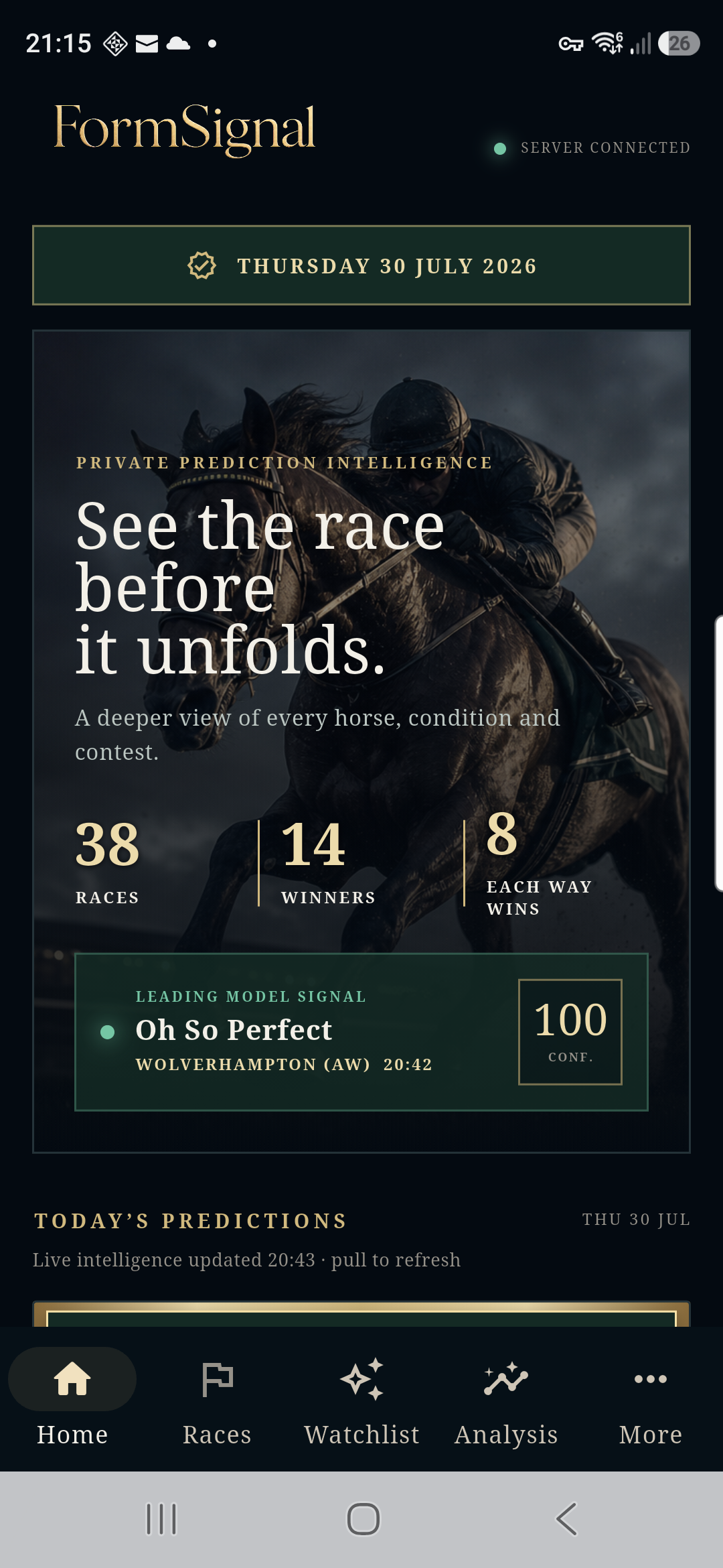 Current FormSignal app showing today’s live predictions and verified performance summary